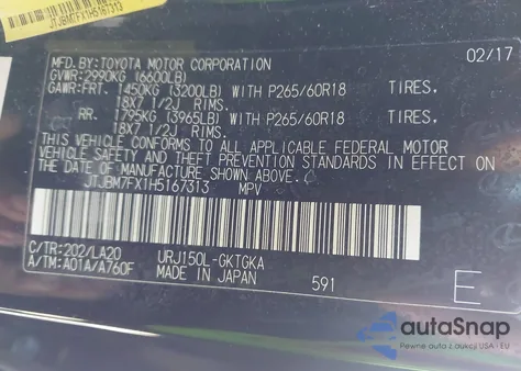 2017 Lexus Gx 460 из США, поврежденный, VIN JTJBM7FX1H5167313